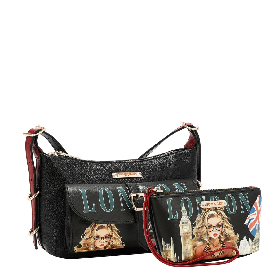 NICOLE LEE USA LONDON EYE 5 PC CONVERTIBLE BAG / BACKPACK SET (LARGE CONVERTIBLE BAG / BACKPACK CROSSBODY POUCH COINPURSE WALLET) Handbags