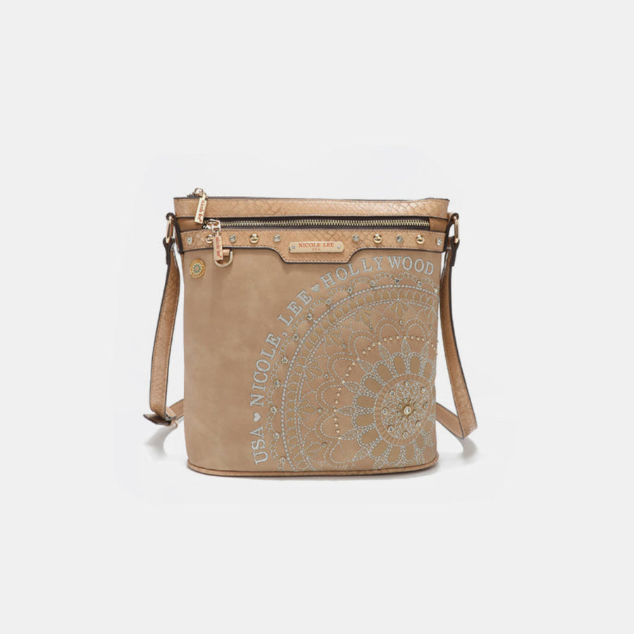 Nicole Lee USA Metallic Stitching Embroidery Inlaid Rhinestone Crossbody Bag Beige / One Size Apparel and Accessories