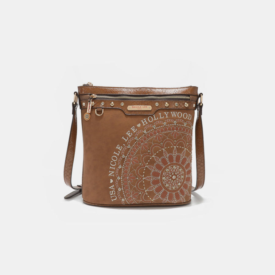 Nicole Lee USA Metallic Stitching Embroidery Inlaid Rhinestone Crossbody Bag Brown / One Size Apparel and Accessories