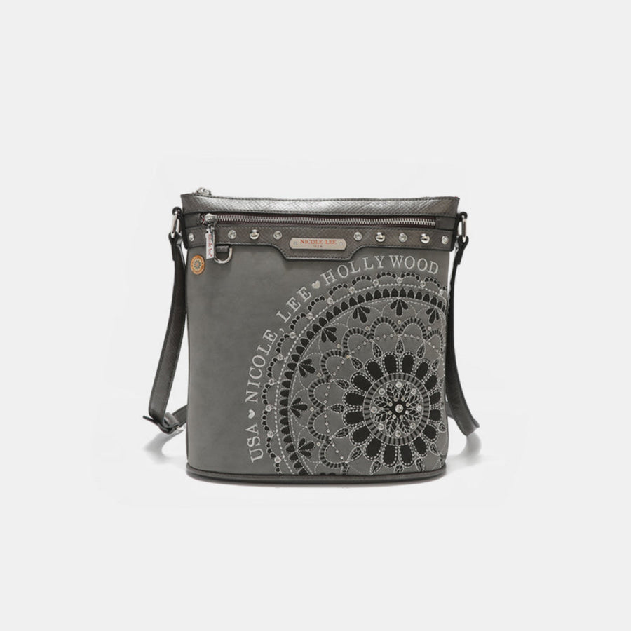 Nicole Lee USA Metallic Stitching Embroidery Inlaid Rhinestone Crossbody Bag Gray / One Size Apparel and Accessories