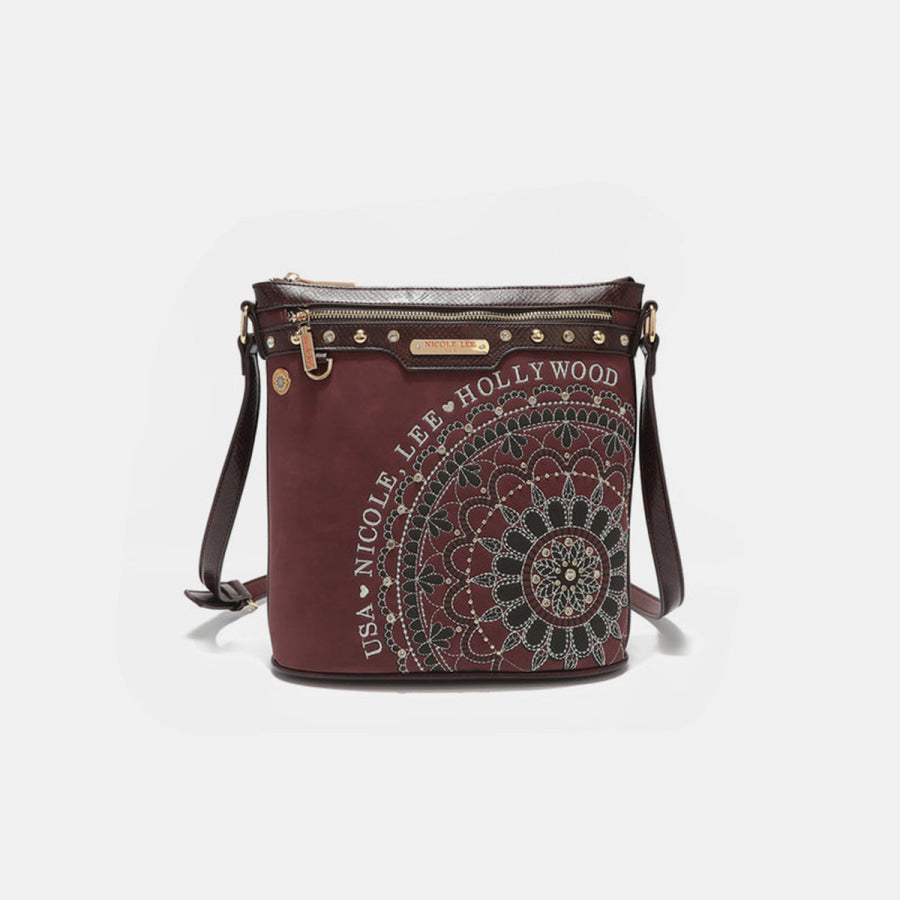 Nicole Lee USA Metallic Stitching Embroidery Inlaid Rhinestone Crossbody Bag Wine / One Size Apparel and Accessories