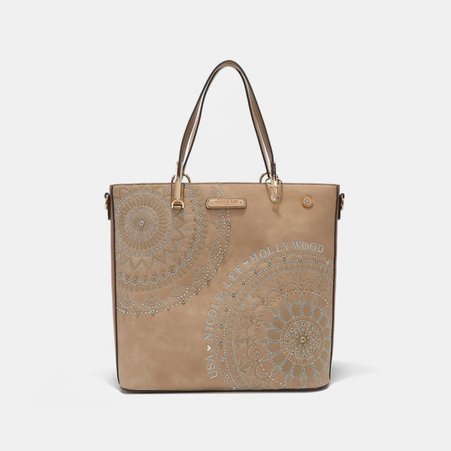 Nicole Lee USA Metallic Stitching Embroidery Inlaid Rhinestone Tote Bag Beige / One Size Apparel and Accessories