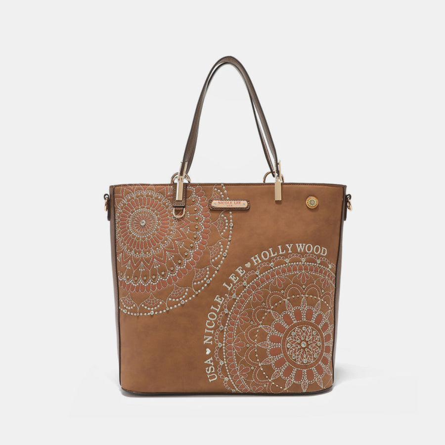 Nicole Lee USA Metallic Stitching Embroidery Inlaid Rhinestone Tote Bag Brown / One Size Apparel and Accessories