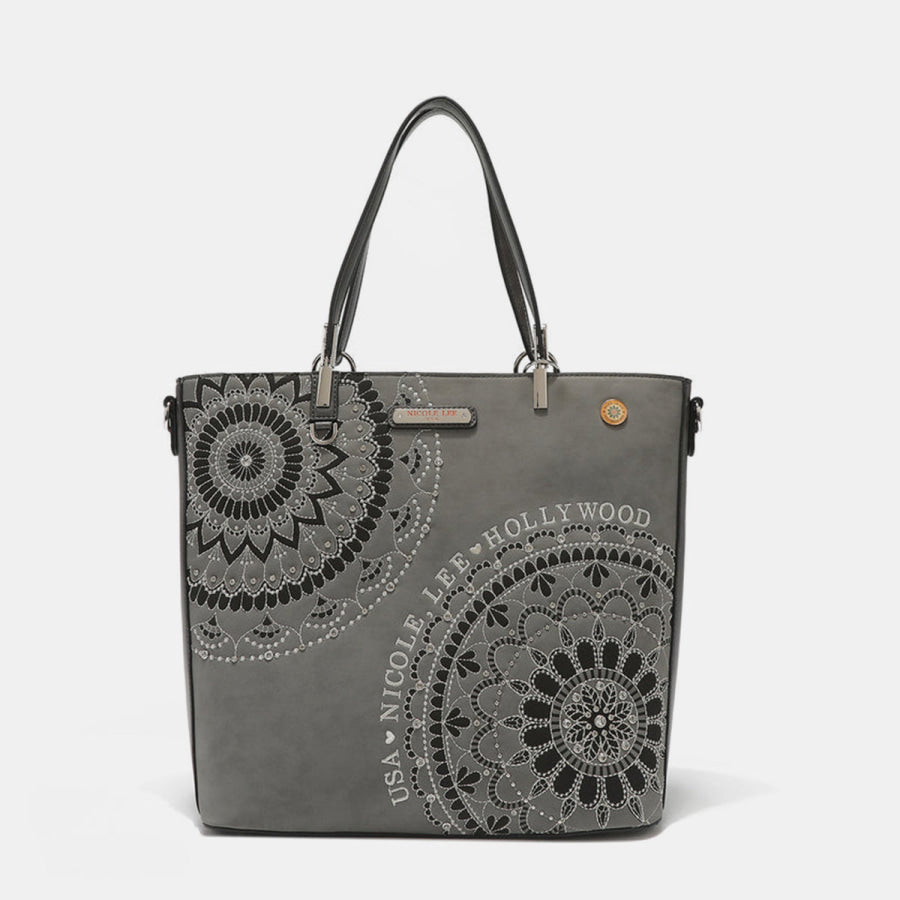 Nicole Lee USA Metallic Stitching Embroidery Inlaid Rhinestone Tote Bag Gray / One Size Apparel and Accessories