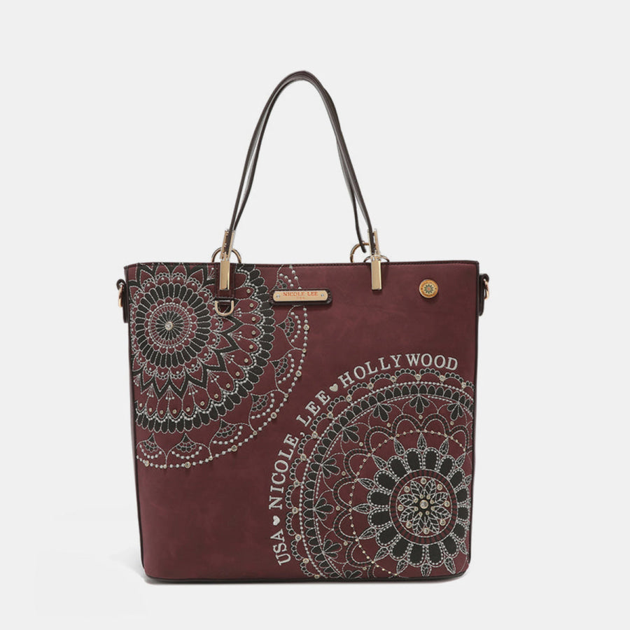 Nicole Lee USA Metallic Stitching Embroidery Inlaid Rhinestone Tote Bag Wine / One Size Apparel and Accessories