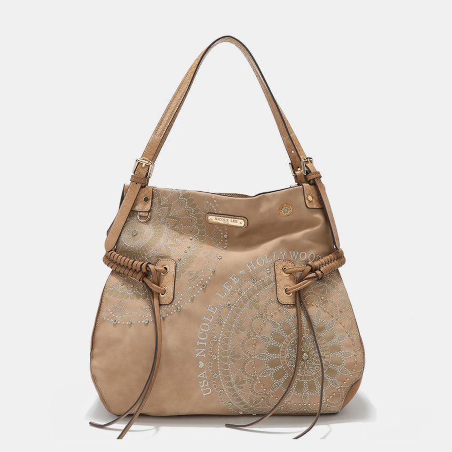 Nicole Lee USA Side Braided Tassel Inlaid Rhinestone Embroidery Hobo Bag Beige / One Size Apparel and Accessories