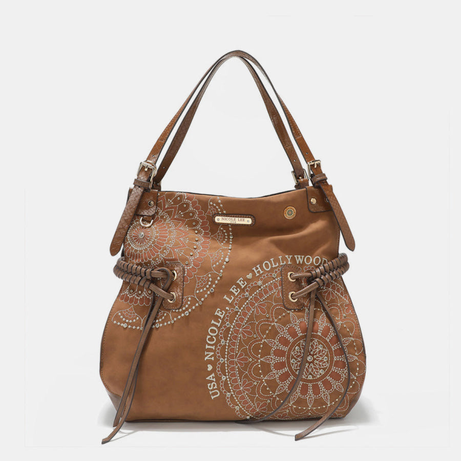 Nicole Lee USA Side Braided Tassel Inlaid Rhinestone Embroidery Hobo Bag Brown / One Size Apparel and Accessories