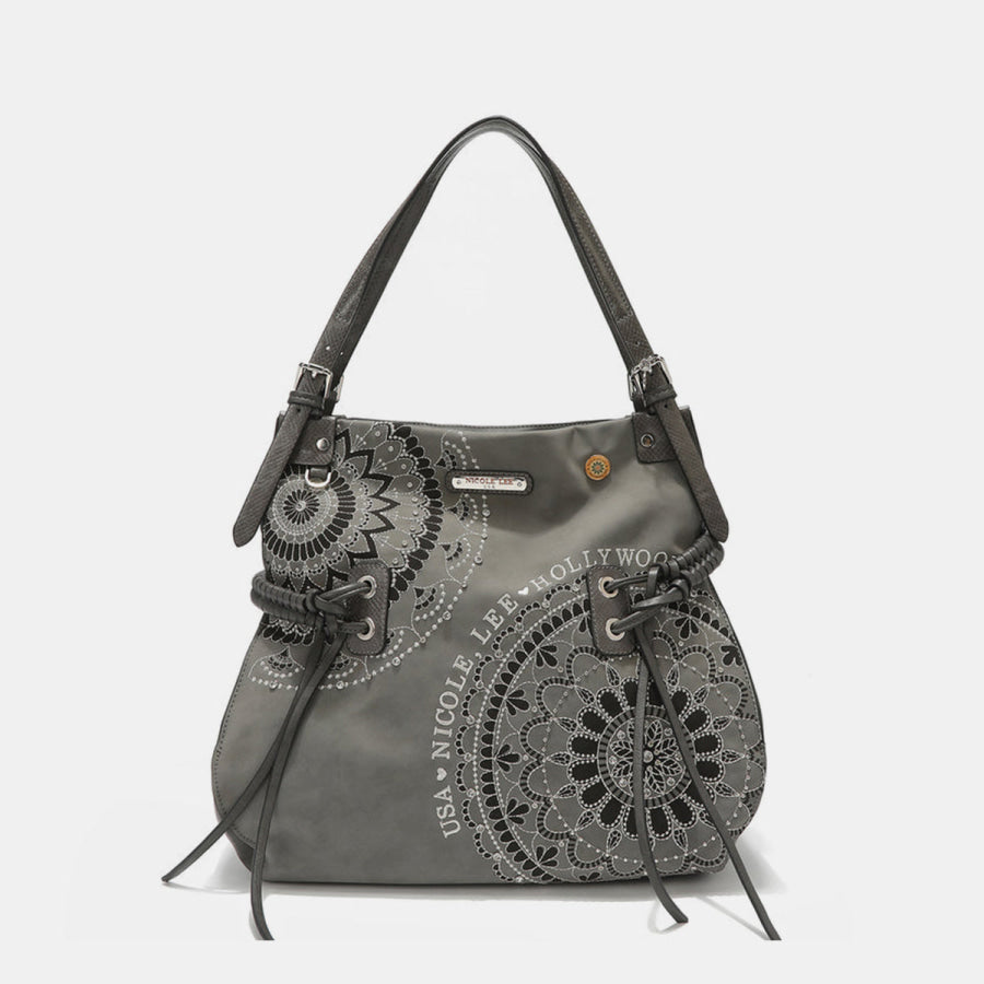 Nicole Lee USA Side Braided Tassel Inlaid Rhinestone Embroidery Hobo Bag Gray / One Size Apparel and Accessories