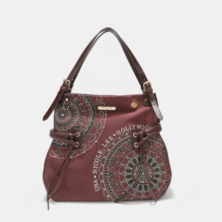 Nicole Lee USA Side Braided Tassel Inlaid Rhinestone Embroidery Hobo Bag Wine / One Size Apparel and Accessories