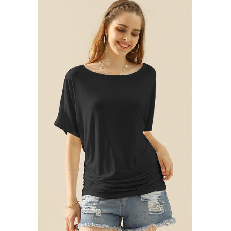 Ninexis Boat Neck Short Sleeve Ruched Side Top Apparel and Accessories