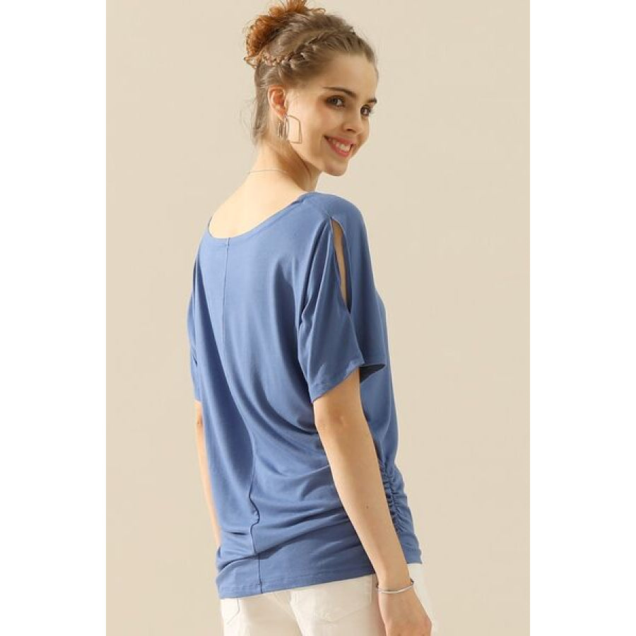 Ninexis Boat Neck Short Sleeve Ruched Side Top Apparel and Accessories