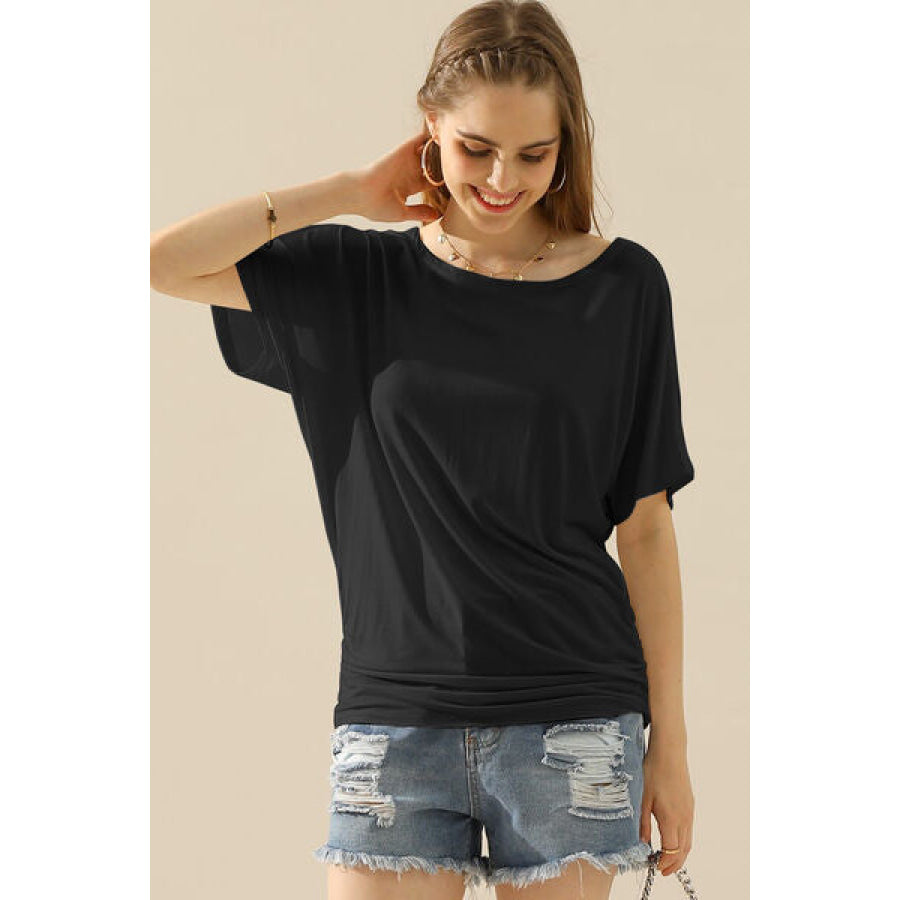 Ninexis Boat Neck Short Sleeve Ruched Side Top BLACK / S Apparel and Accessories