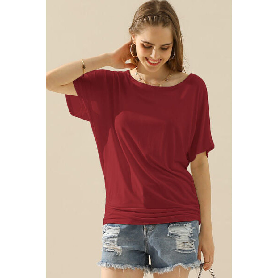 Ninexis Boat Neck Short Sleeve Ruched Side Top BURGUNDY / S Apparel and Accessories