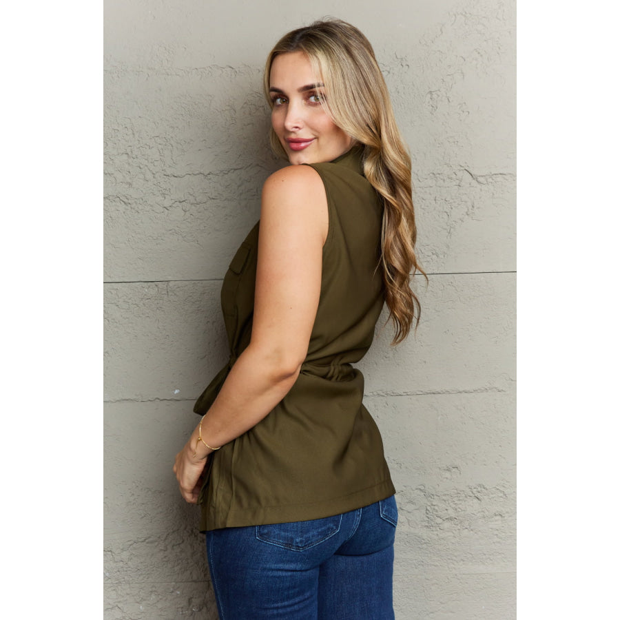 Ninexis Follow The Light Sleeveless Collared Button Down Top Army Green / S Apparel and Accessories