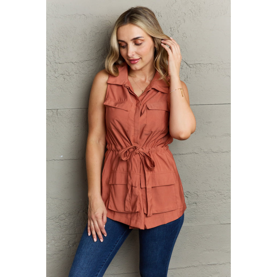 Ninexis Follow The Light Sleeveless Collared Button Down Top Rust / S Apparel and Accessories
