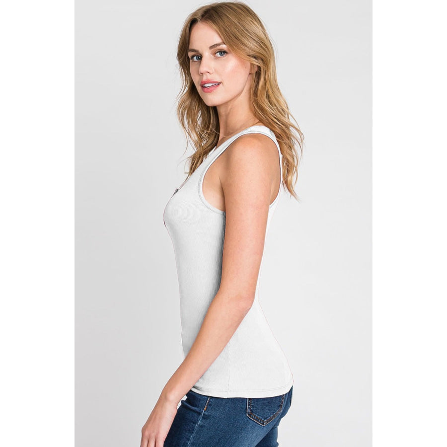 Ninexis Front Button Ribbed Round Neck Tank Apparel and Accessories