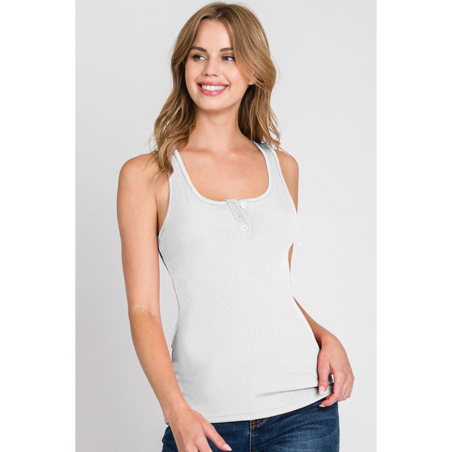 Ninexis Front Button Ribbed Round Neck Tank WHITE / S Apparel and Accessories