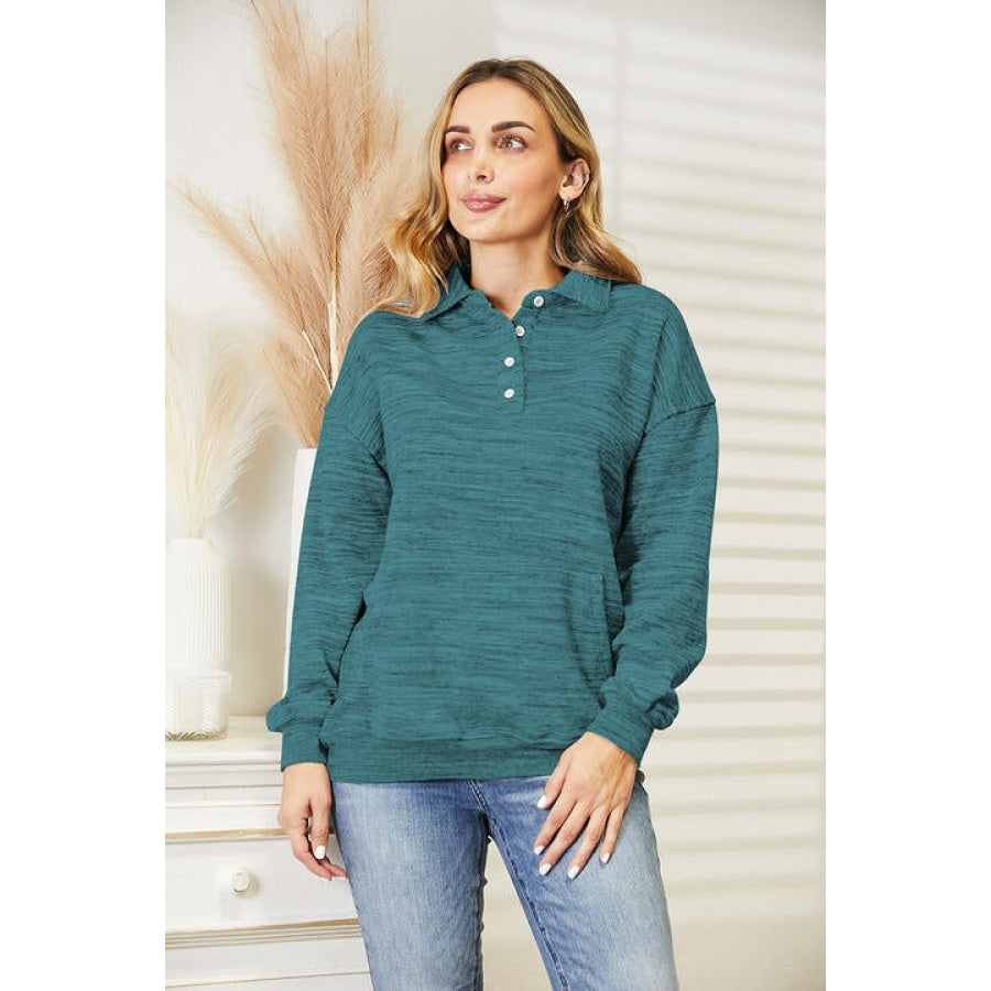 Ninexis Full Size Quarter-Button Collared Sweatshirt Air Force Blue / S