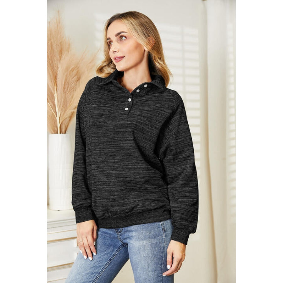 Ninexis Full Size Quarter-Button Collared Sweatshirt Black / S