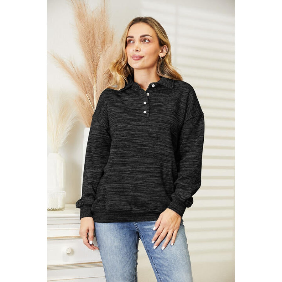 Ninexis Full Size Quarter-Button Collared Sweatshirt Black / S