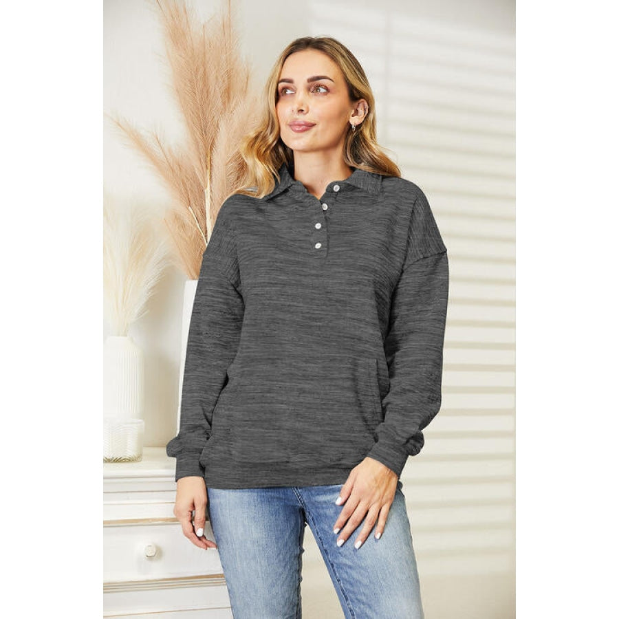 Ninexis Full Size Quarter-Button Collared Sweatshirt Charcoal / S