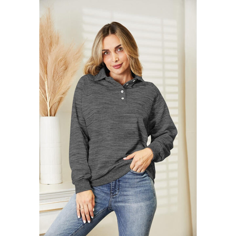 Ninexis Full Size Quarter-Button Collared Sweatshirt Charcoal / S