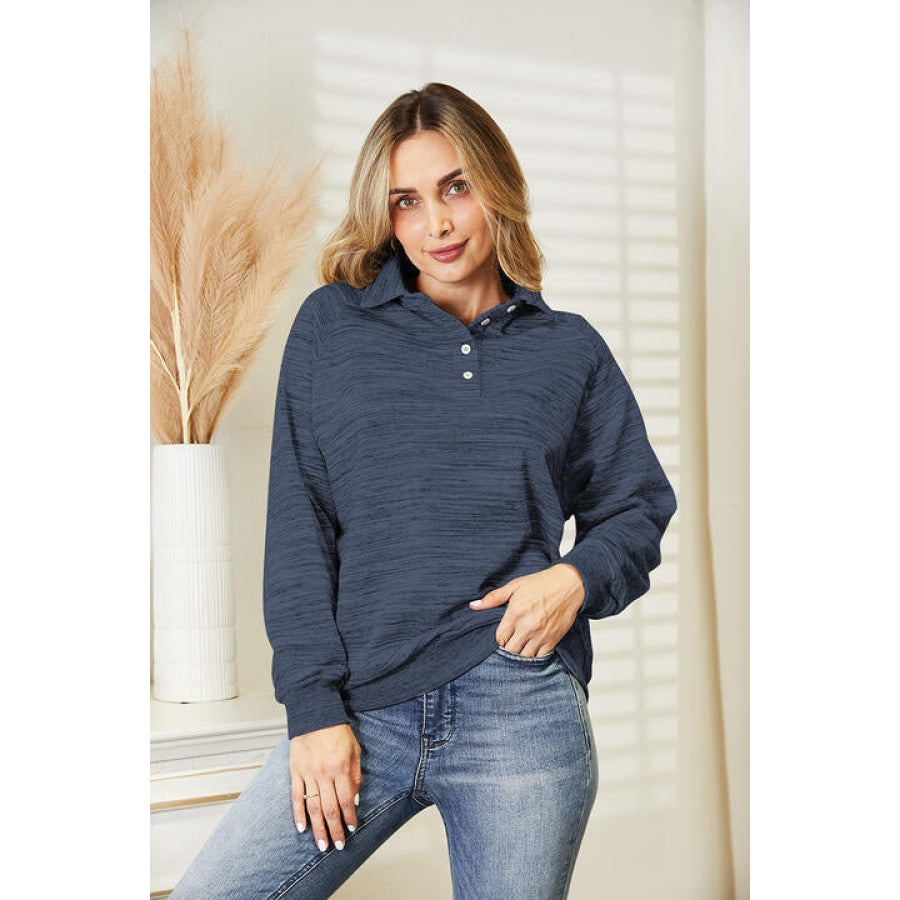Ninexis Full Size Quarter-Button Collared Sweatshirt Dusty Blue / S