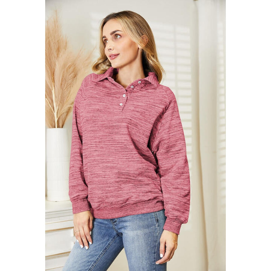 Ninexis Full Size Quarter-Button Collared Sweatshirt Dusty Pink / S
