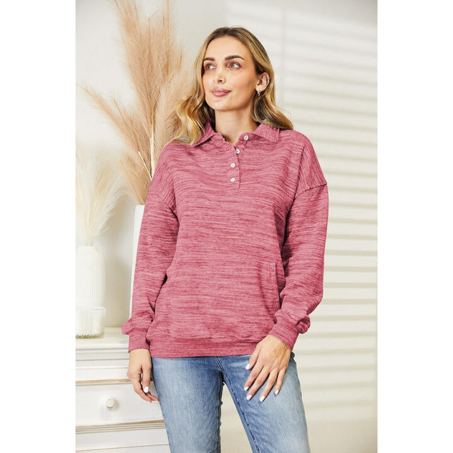 Ninexis Full Size Quarter-Button Collared Sweatshirt Dusty Pink / S