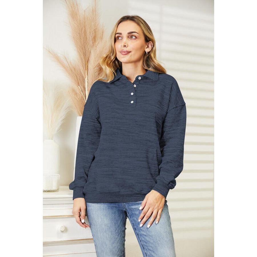 Ninexis Full Size Quarter-Button Collared Sweatshirt French Blue / S