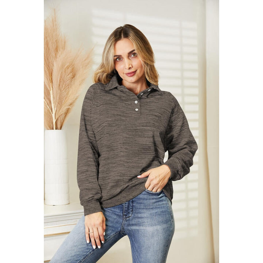 Ninexis Full Size Quarter-Button Collared Sweatshirt Heather Gray / S