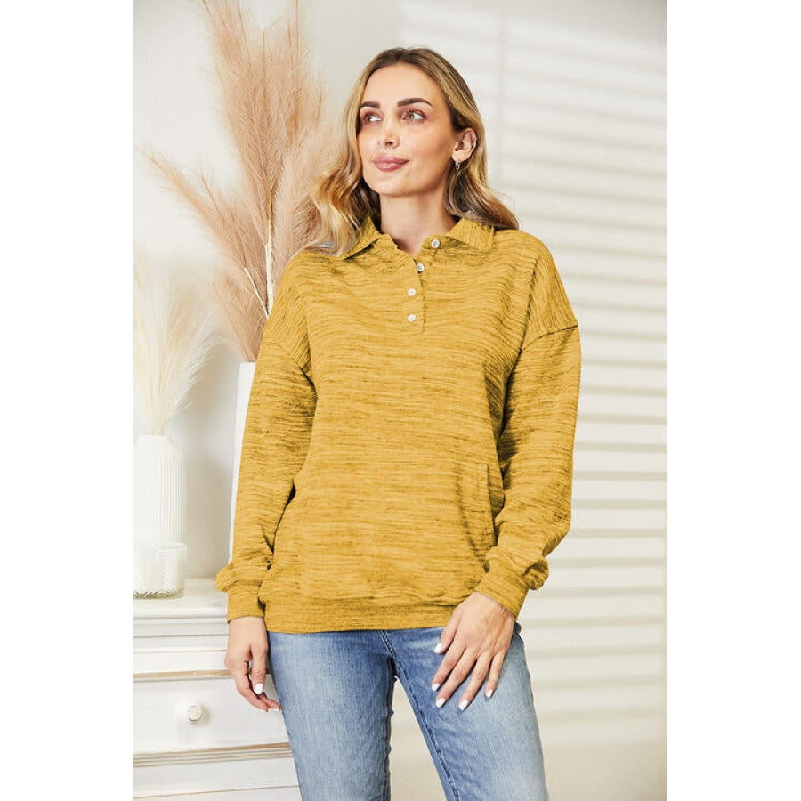 Ninexis Full Size Quarter-Button Collared Sweatshirt Honey / S