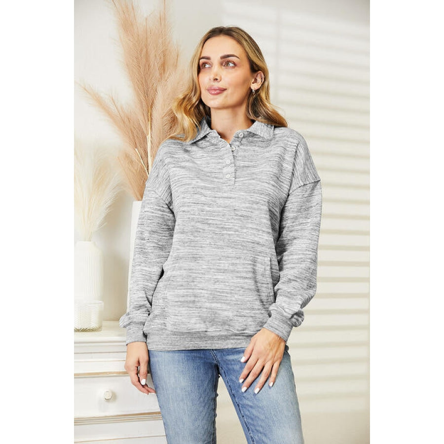 Ninexis Full Size Quarter-Button Collared Sweatshirt Light Gray / S