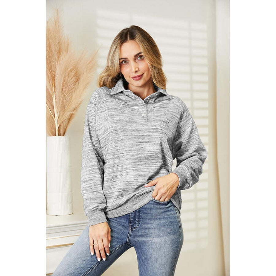 Ninexis Full Size Quarter-Button Collared Sweatshirt Light Gray / S