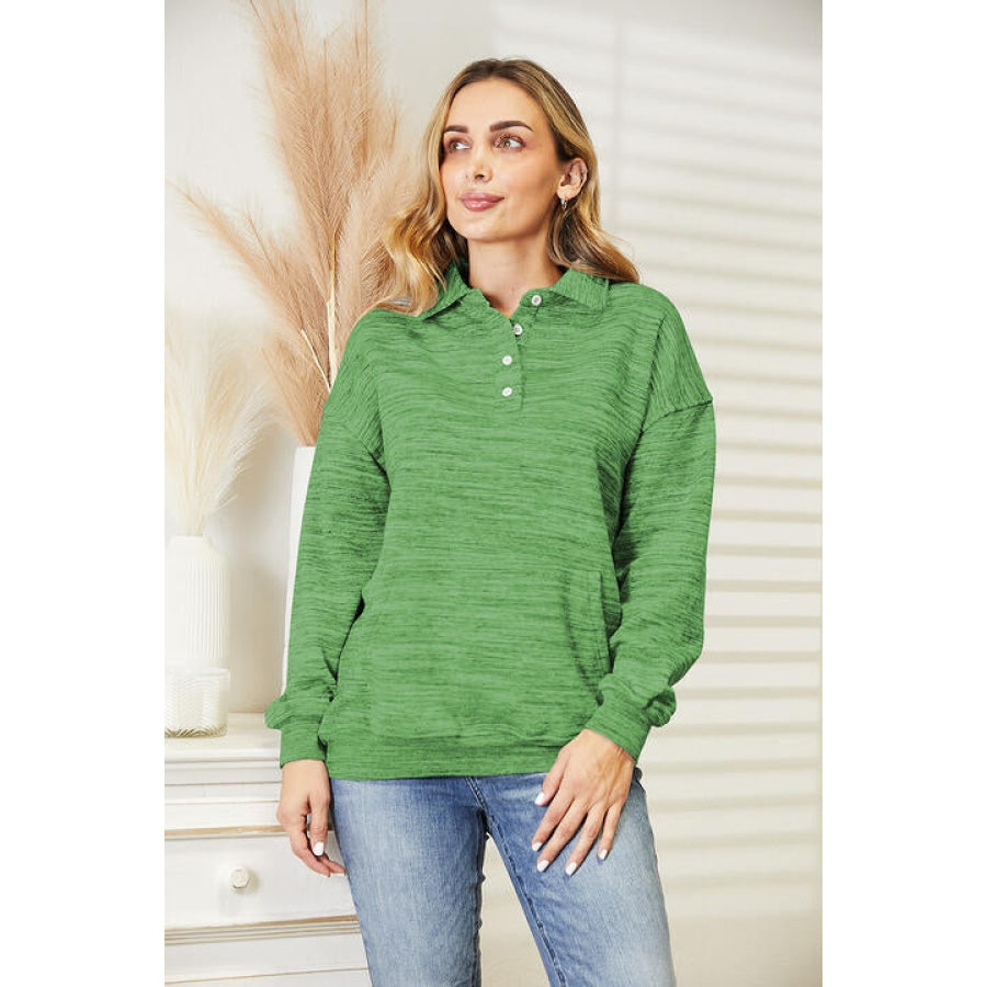 Ninexis Full Size Quarter-Button Collared Sweatshirt Matcha Green / S
