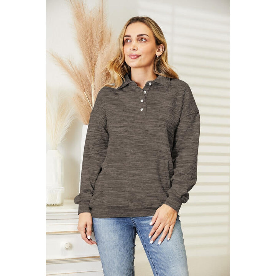 Ninexis Full Size Quarter-Button Collared Sweatshirt Olive Brown / S
