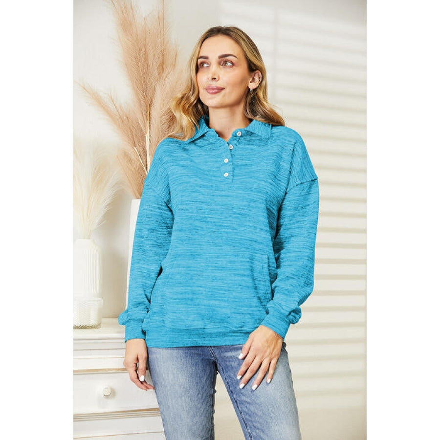 Ninexis Full Size Quarter-Button Collared Sweatshirt Sky Blue / S