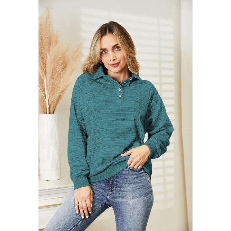 Ninexis Full Size Quarter-Button Collared Sweatshirt Turquoise / S
