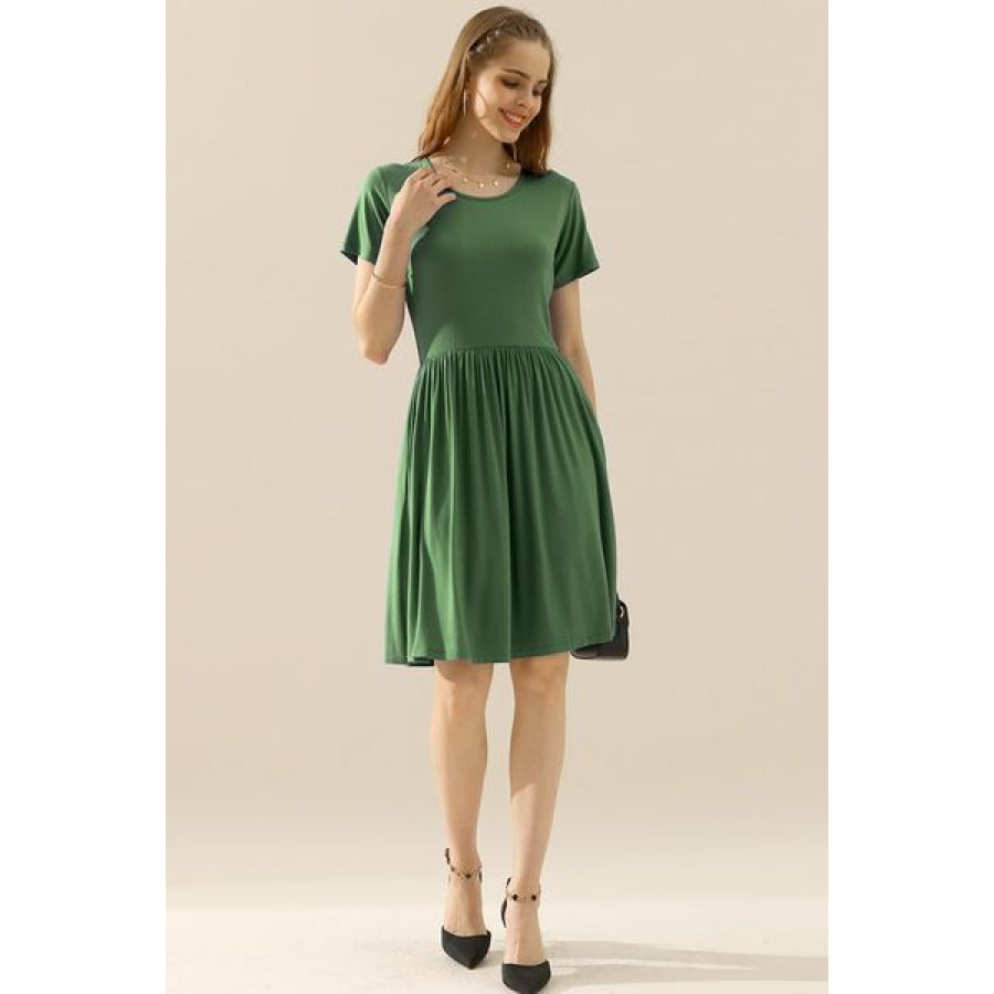 Ninexis Full Size Round Neck Ruched Dress with Pockets Apparel and Accessories