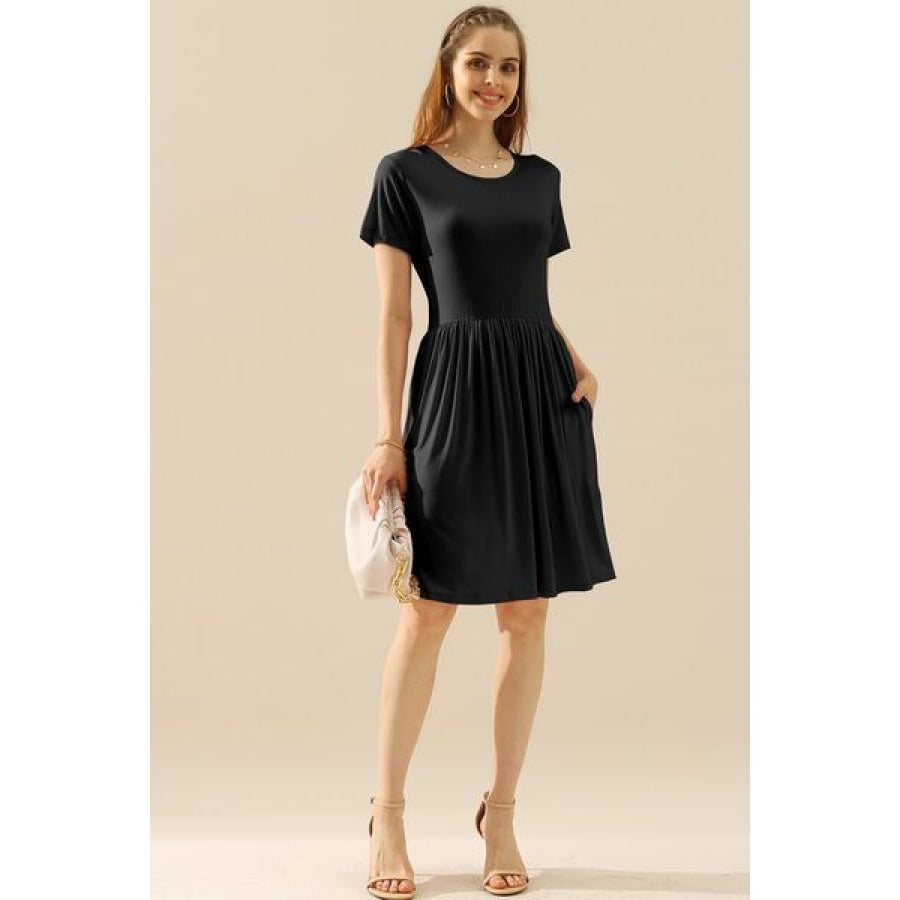 Ninexis Full Size Round Neck Ruched Dress with Pockets Apparel and Accessories
