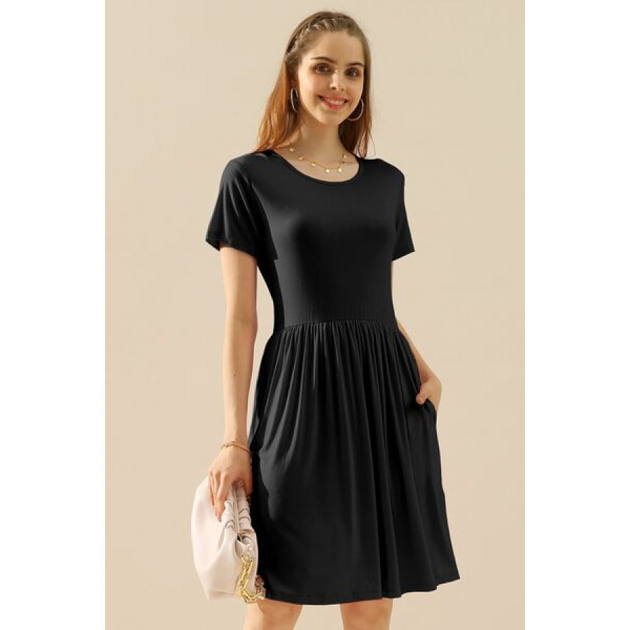 Ninexis Full Size Round Neck Ruched Dress with Pockets BLACK / S Apparel and Accessories