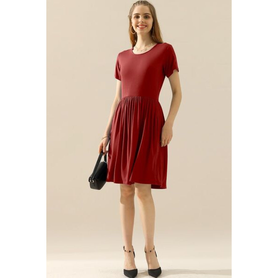 Ninexis Full Size Round Neck Ruched Dress with Pockets BURGUNDY / S Apparel and Accessories
