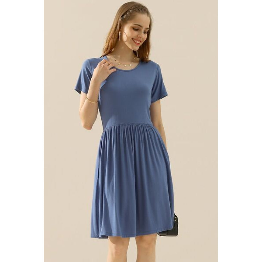 Ninexis Full Size Round Neck Ruched Dress with Pockets DENIMBLUE / S Apparel and Accessories