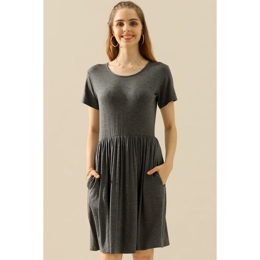 Ninexis Full Size Round Neck Ruched Dress with Pockets H CHARCOAL / S Apparel and Accessories