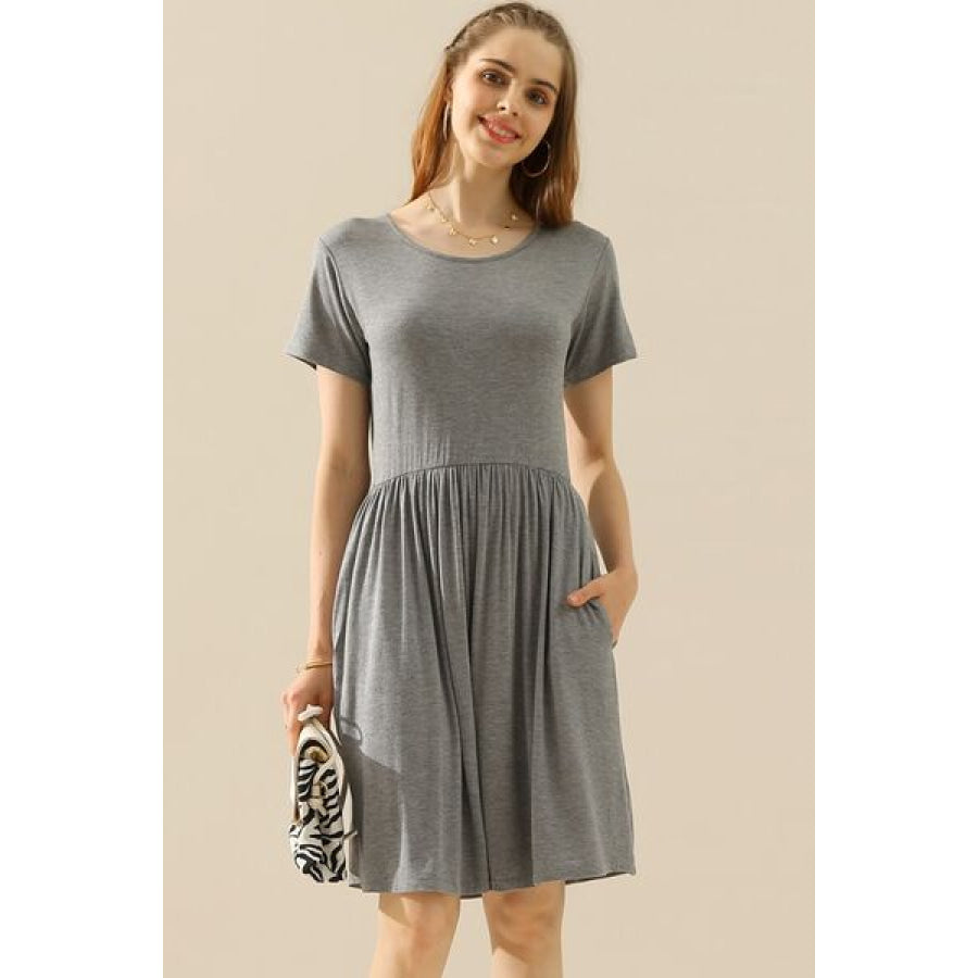 Ninexis Full Size Round Neck Ruched Dress with Pockets H GREY / S Apparel and Accessories