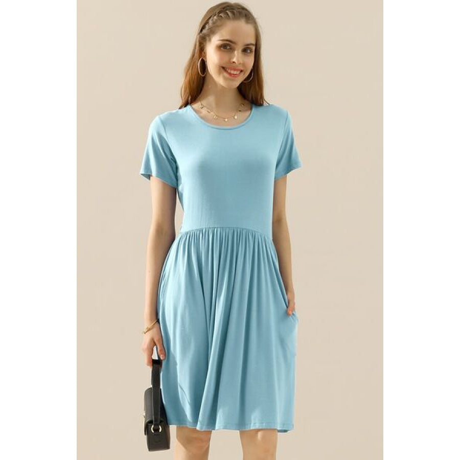 Ninexis Full Size Round Neck Ruched Dress with Pockets LT BLUE / S Apparel and Accessories