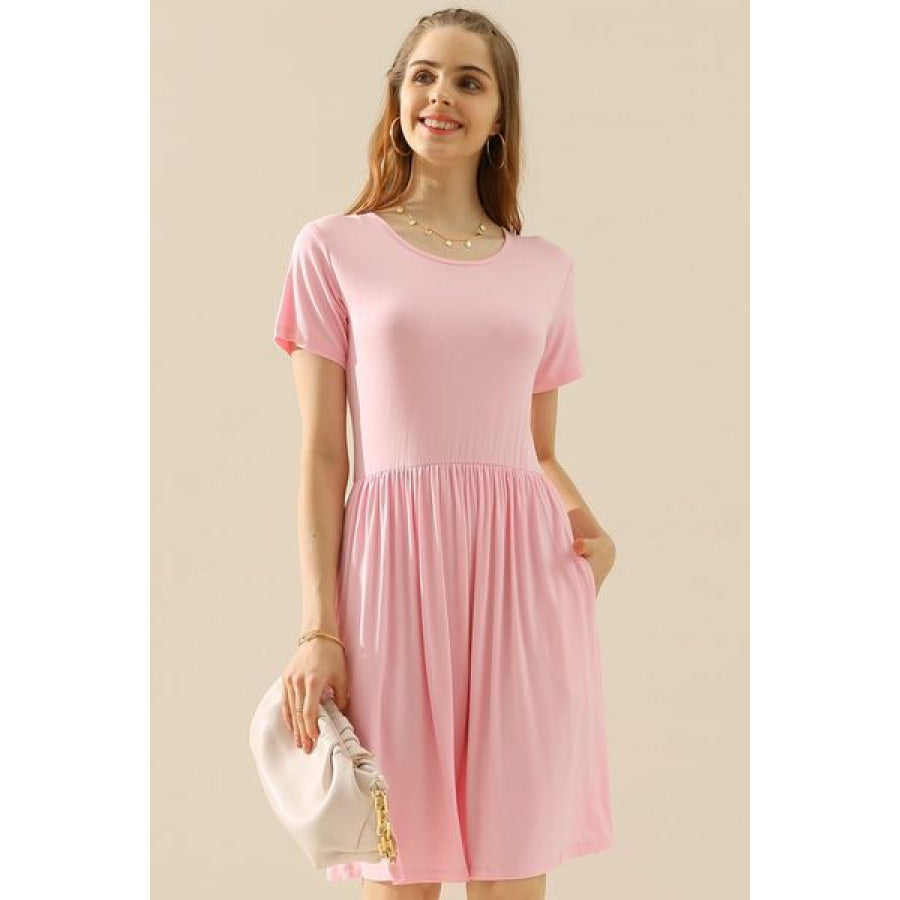 Ninexis Full Size Round Neck Ruched Dress with Pockets LT PINK / S Apparel and Accessories