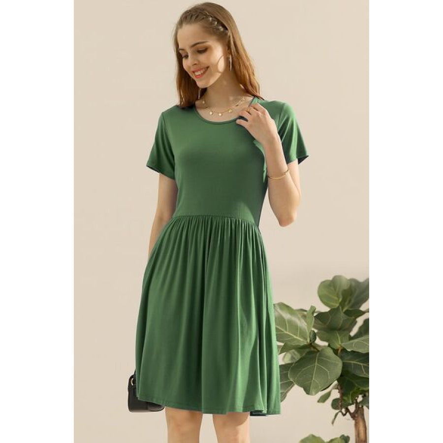 Ninexis Full Size Round Neck Ruched Dress with Pockets OLIVE / S Apparel and Accessories