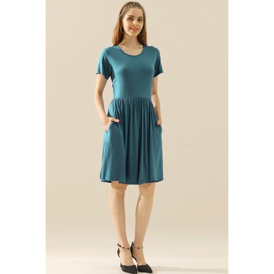 Ninexis Full Size Round Neck Ruched Dress with Pockets TEAL / S Apparel and Accessories