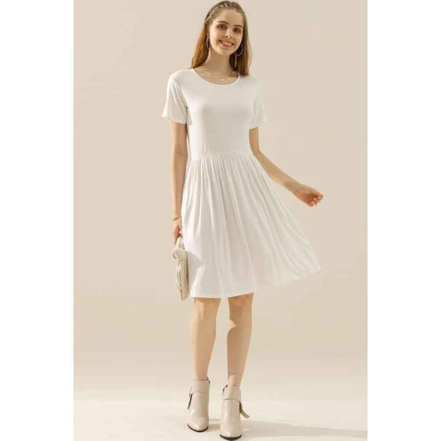 Ninexis Full Size Round Neck Ruched Dress with Pockets WHITE / S Apparel and Accessories